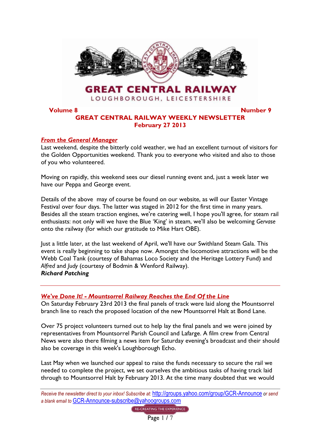 A Blank Email to GCR-Announce-Subscribe@Yahoogroups.Com Page 1 / 7 Volume 8 Number 9 GREAT CENTRAL RAILWAY WEEKLY NEWSLETTER Fe