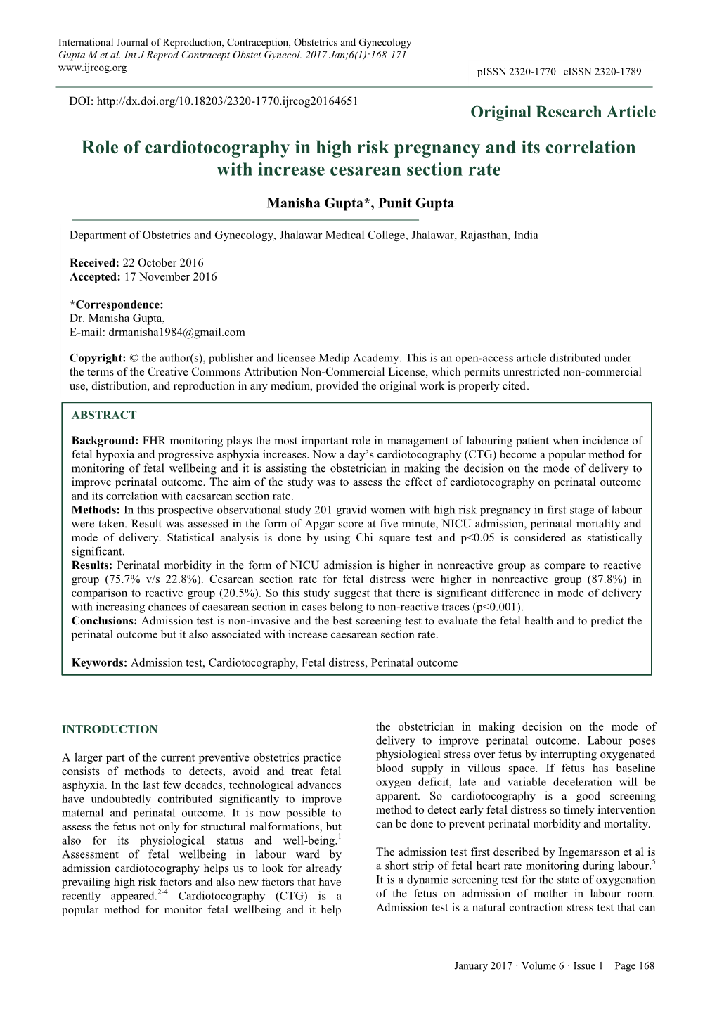 Role of Cardiotocography in High Risk Pregnancy and Its Correlation with Increase Cesarean Section Rate