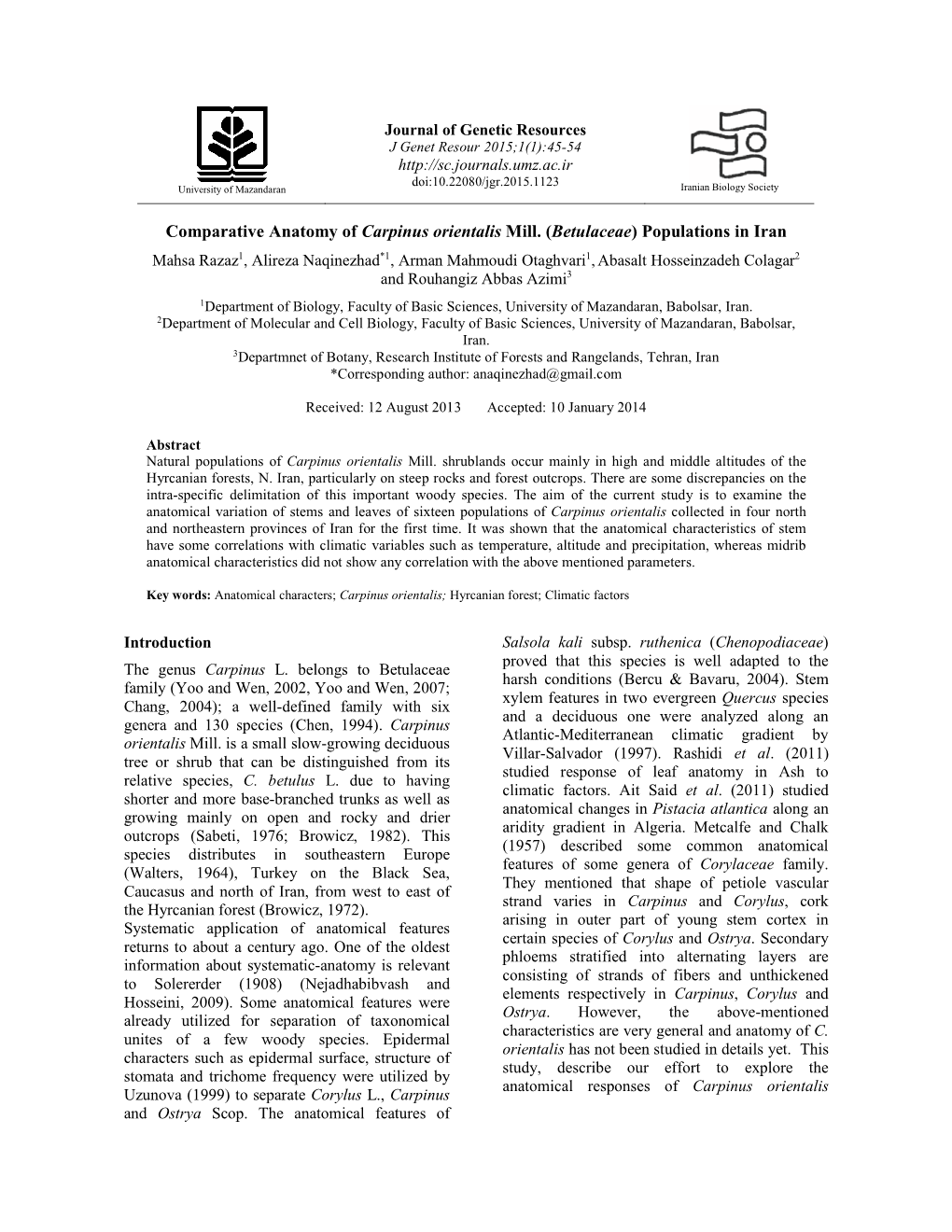 Comparative Anatomy of Carpinus Orientalis Mill. (Betulaceae) Populations in Iran