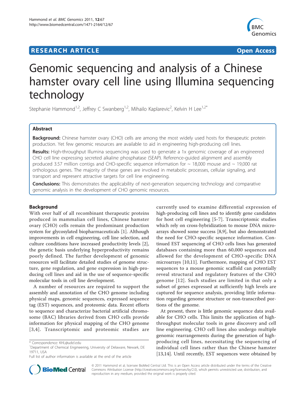 Genomic Sequencing and Analysis of a Chinese Hamster Ovary Cell Line