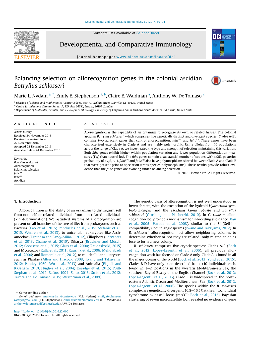 Balancing Selection on Allorecognition Genes in the Colonial Ascidian Botryllus Schlosseri