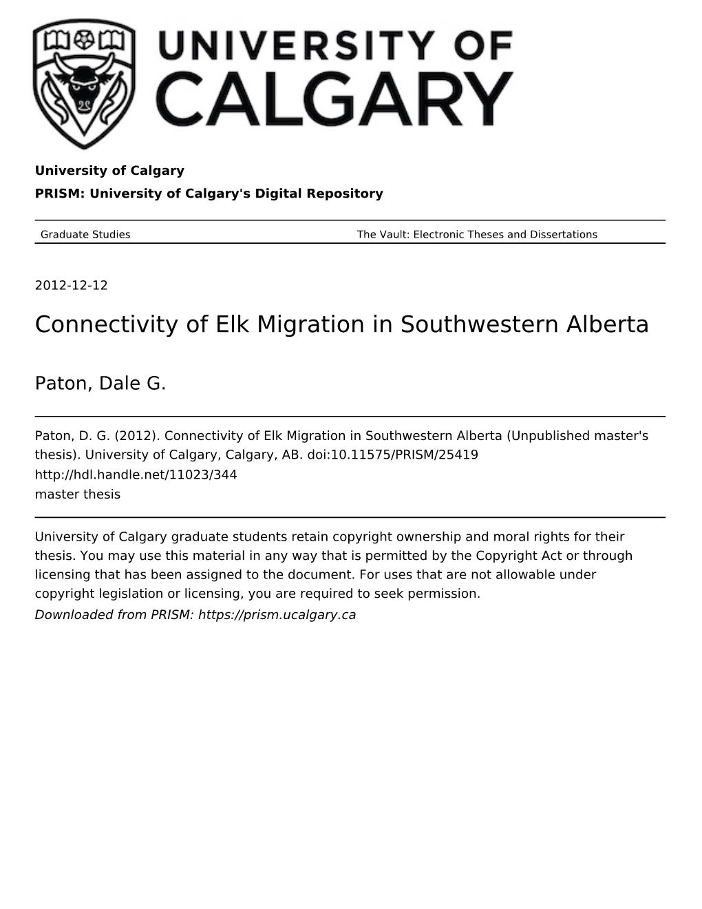 Connectivity of Elk Migration in Southwestern Alberta