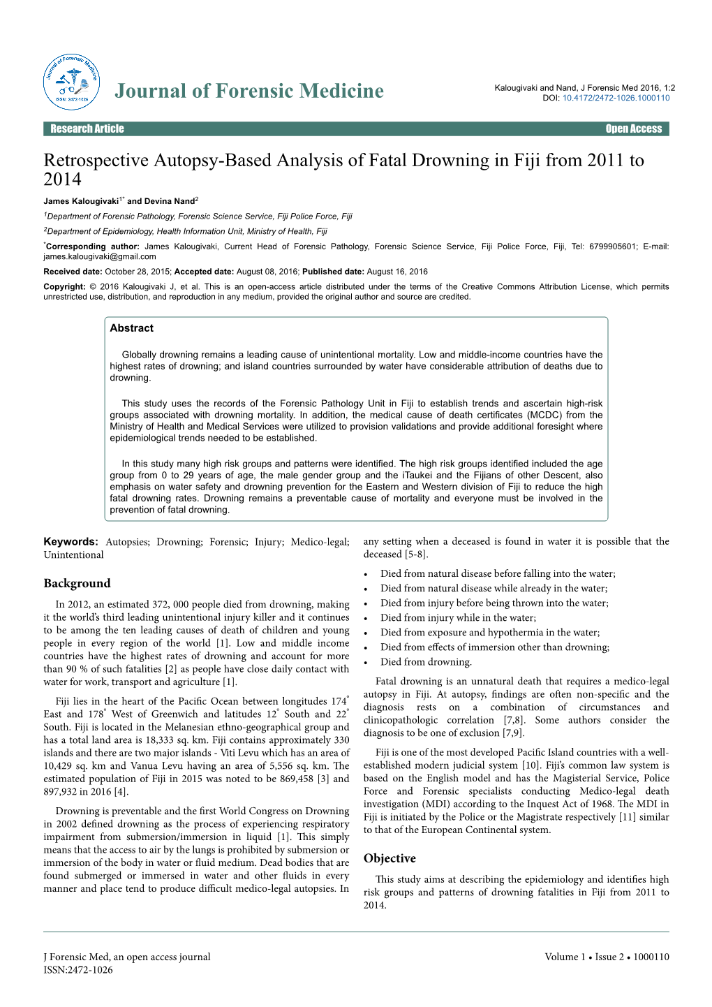 Retrospective Autopsy-Based Analysis of Fatal Drowning in Fiji