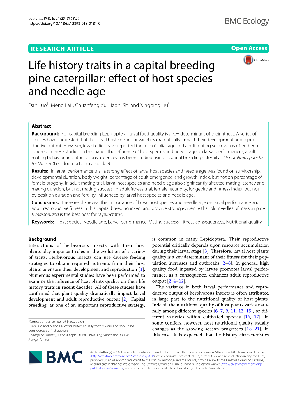 Life History Traits in a Capital Breeding Pine Caterpillar: Effect of Host