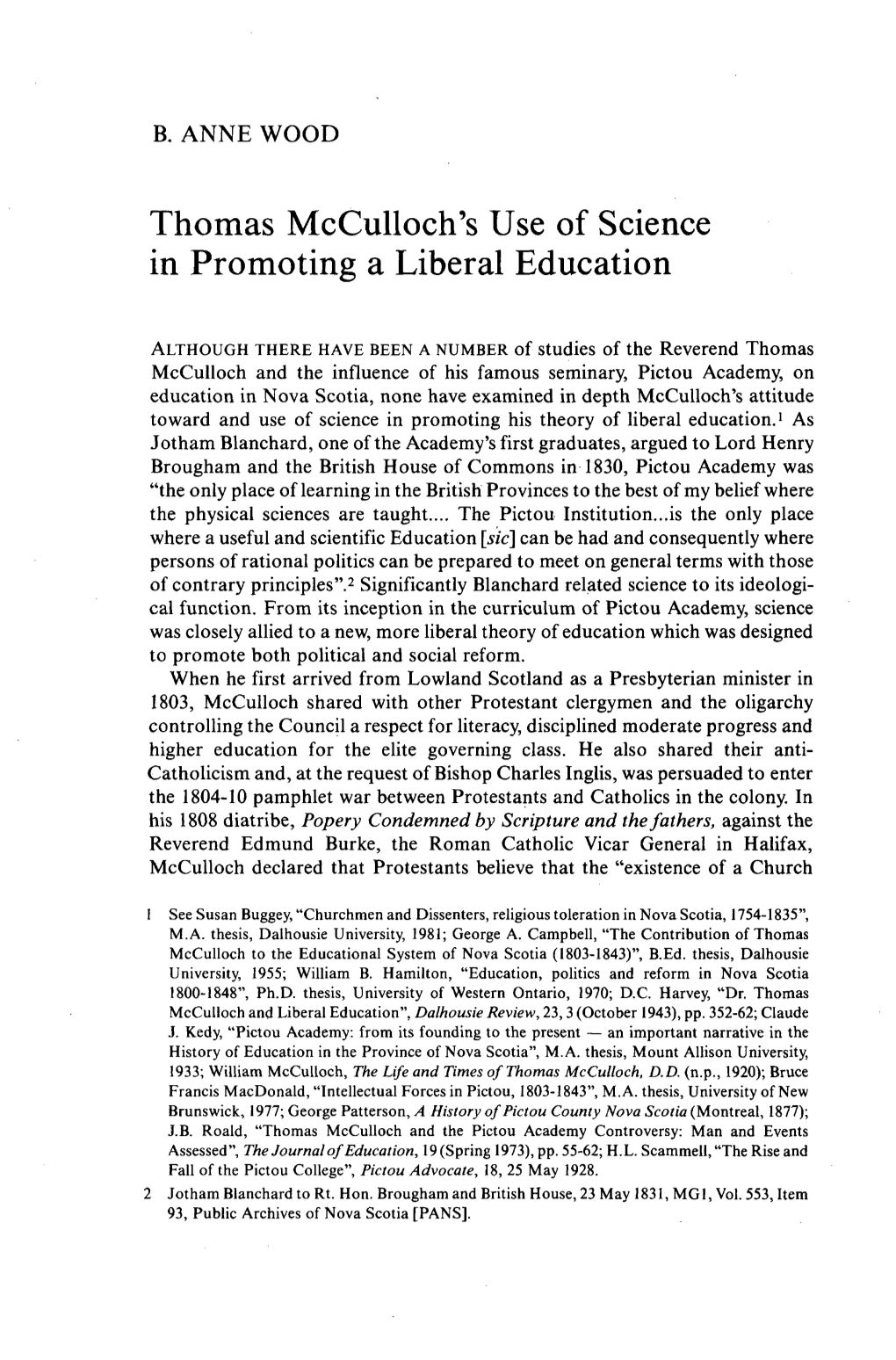 Thomas Mcculloch's Use of Science in Promoting a Liberal Education