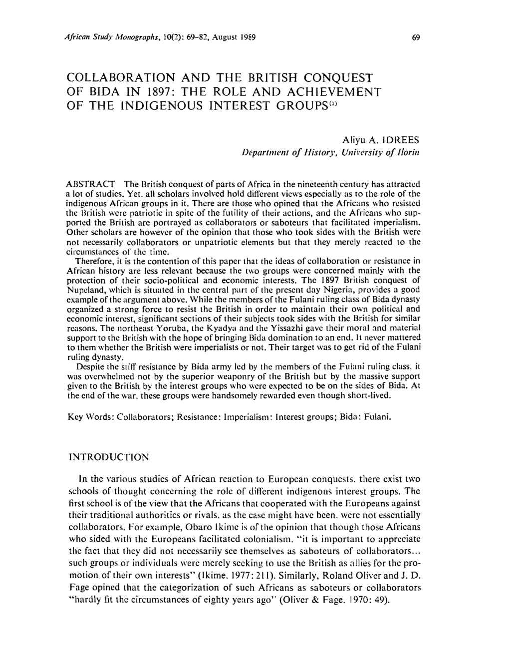 Collaboration and the British Conquest of Bida in 1897: the Role and Achievement of the Indigenous Interest Groups0