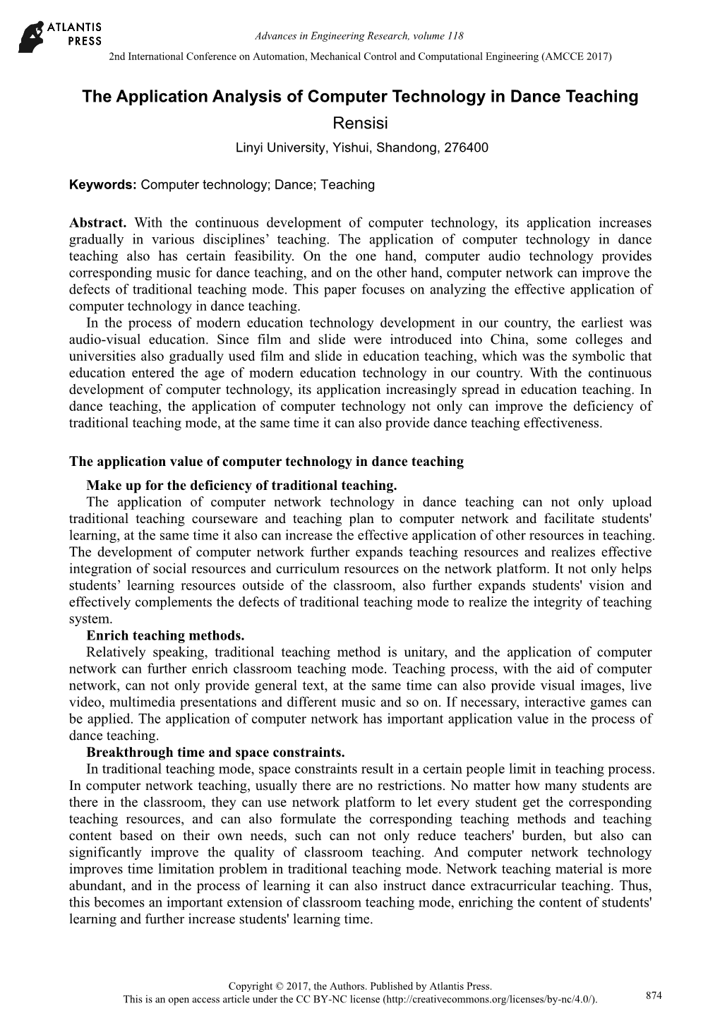 The Application Analysis of Computer Technology in Dance Teaching Rensisi Linyi University, Yishui, Shandong, 276400
