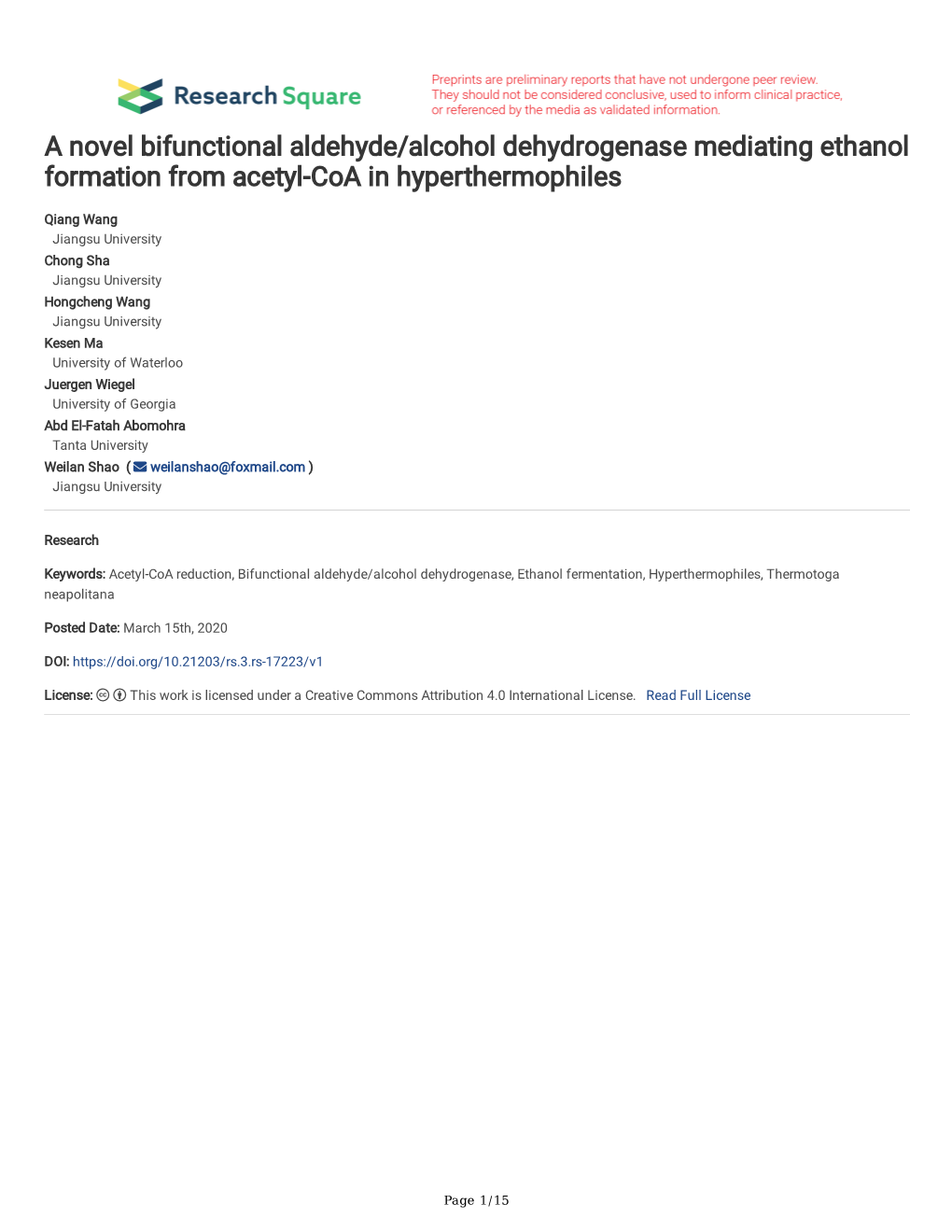 A Novel Bifunctional Aldehyde/Alcohol Dehydrogenase Mediating Ethanol Formation from Acetyl-Coa in Hyperthermophiles