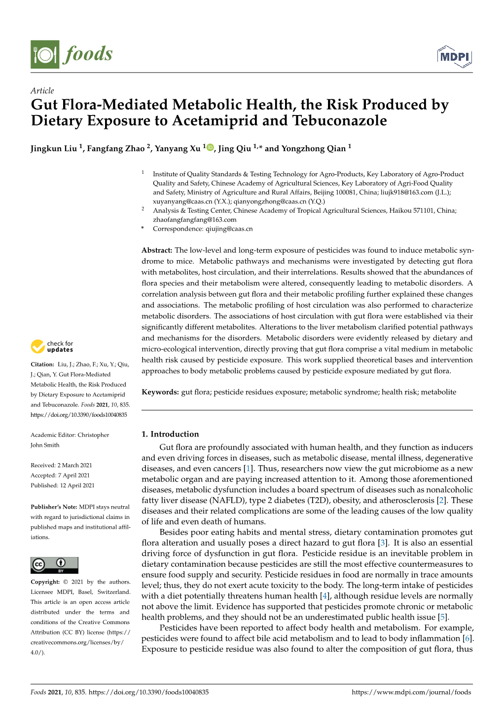 Gut Flora-Mediated Metabolic Health, the Risk Produced by Dietary Exposure to Acetamiprid and Tebuconazole