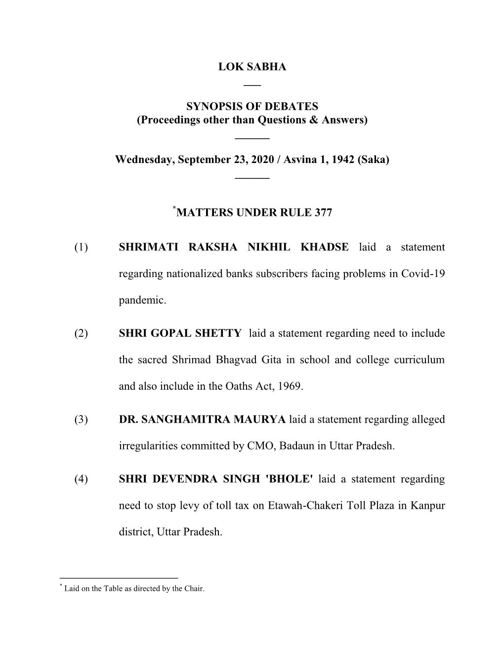 LOK SABHA ___ SYNOPSIS of DEBATES (Proceedings Other Than Questions & Answers) ___Wednesday, September 23, 2020 / Asvi