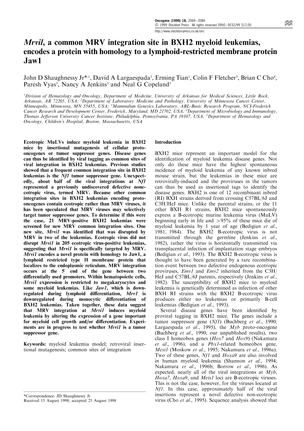 Mrvil, a Common MRV Integration Site in BXH2 Myeloid Leukemias, Encodes a Protein with Homology to a Lymphoid-Restricted Membrane Protein Jaw1