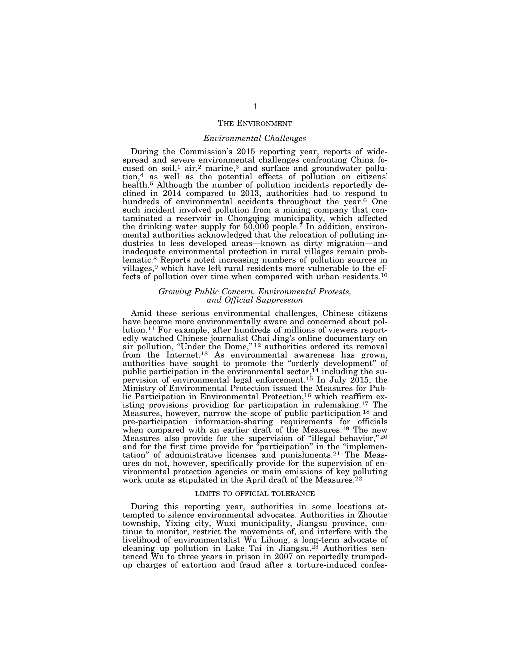 1 Environmental Challenges During the Commission's 2015 Reporting Year, Reports of Wide- Spread and Severe Environmental Chall