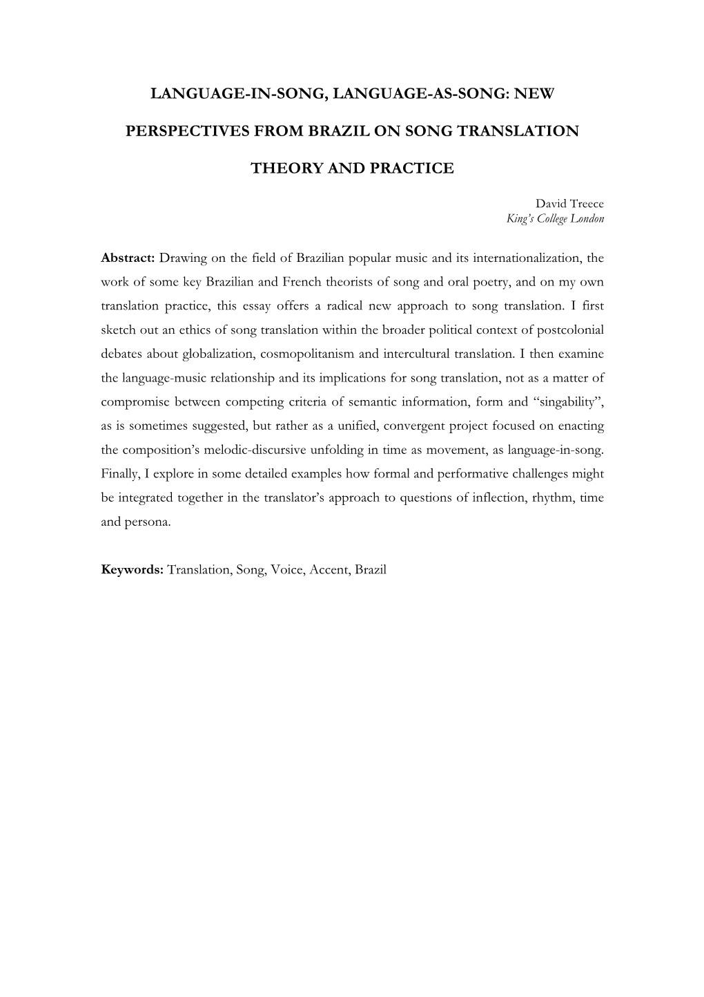 New Perspectives from Brazil on Song Translation Theory and Practice