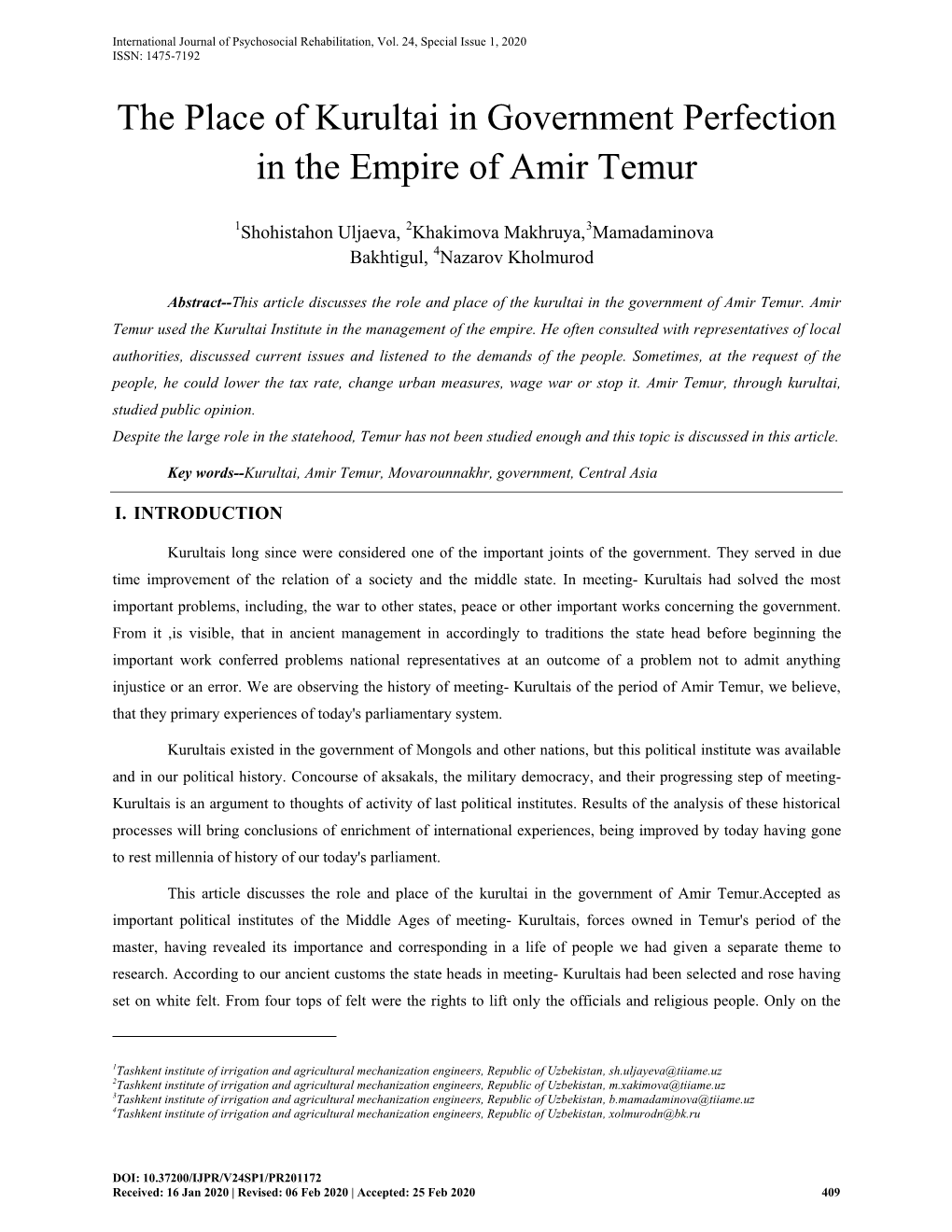 The Place of Kurultai in Government Perfection in the Empire of Amir Temur