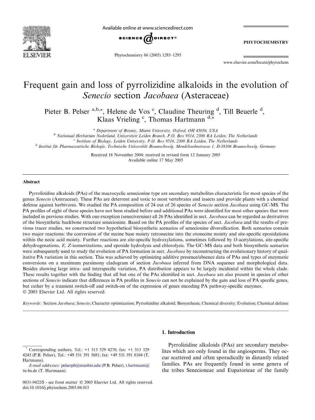 Frequent Gain and Loss of Pyrrolizidine Alkaloids in the Evolution of Senecio Section Jacobaea (Asteraceae)