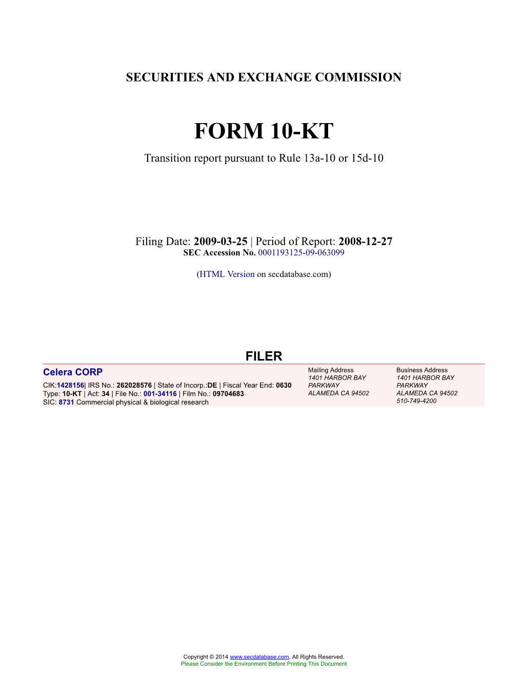 Celera CORP Form 10-KT Filed 2009-03-25