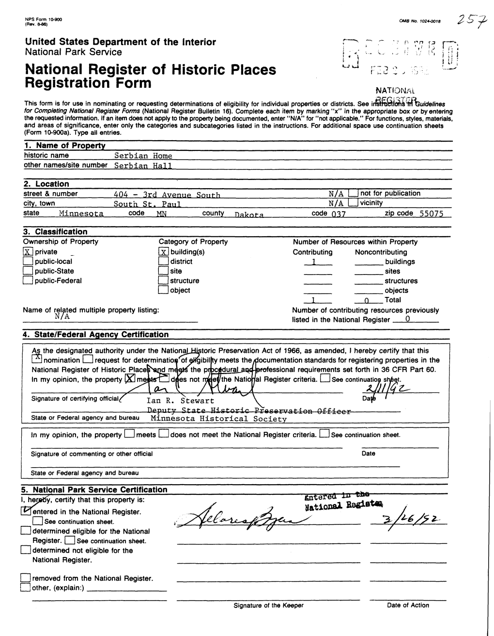 National Register of Historic Places Continuation Sheet Serbian Home, South St