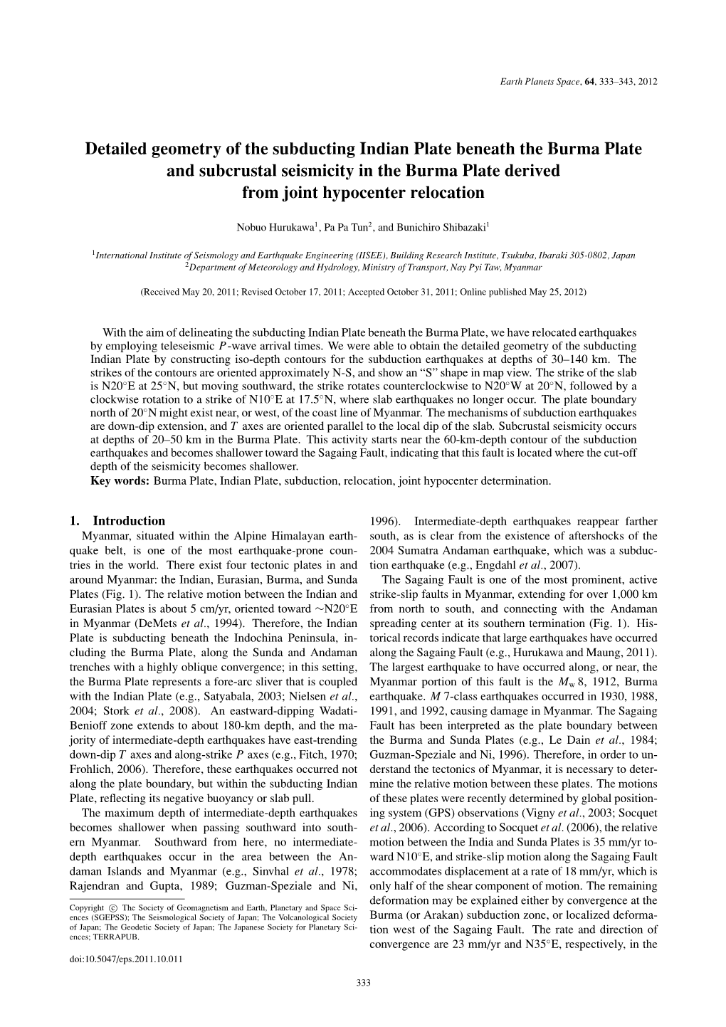 Detailed Geometry of the Subducting Indian Plate Beneath the Burma Plate and Subcrustal Seismicity in the Burma Plate Derived from Joint Hypocenter Relocation