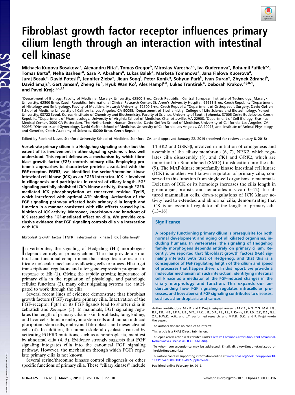 Fibroblast Growth Factor Receptor Influences Primary Cilium Length Through an Interaction with Intestinal Cell Kinase
