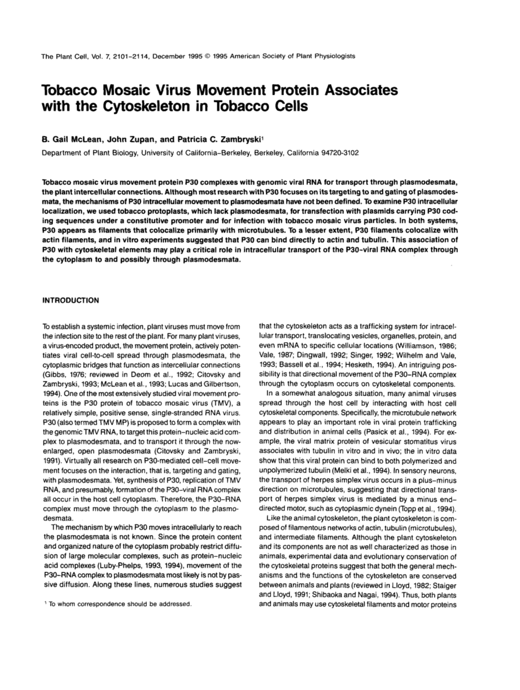 Tobacco Mosaic Virus Movement Protein Associates with the Cytoskeleton in Tobacco Cells