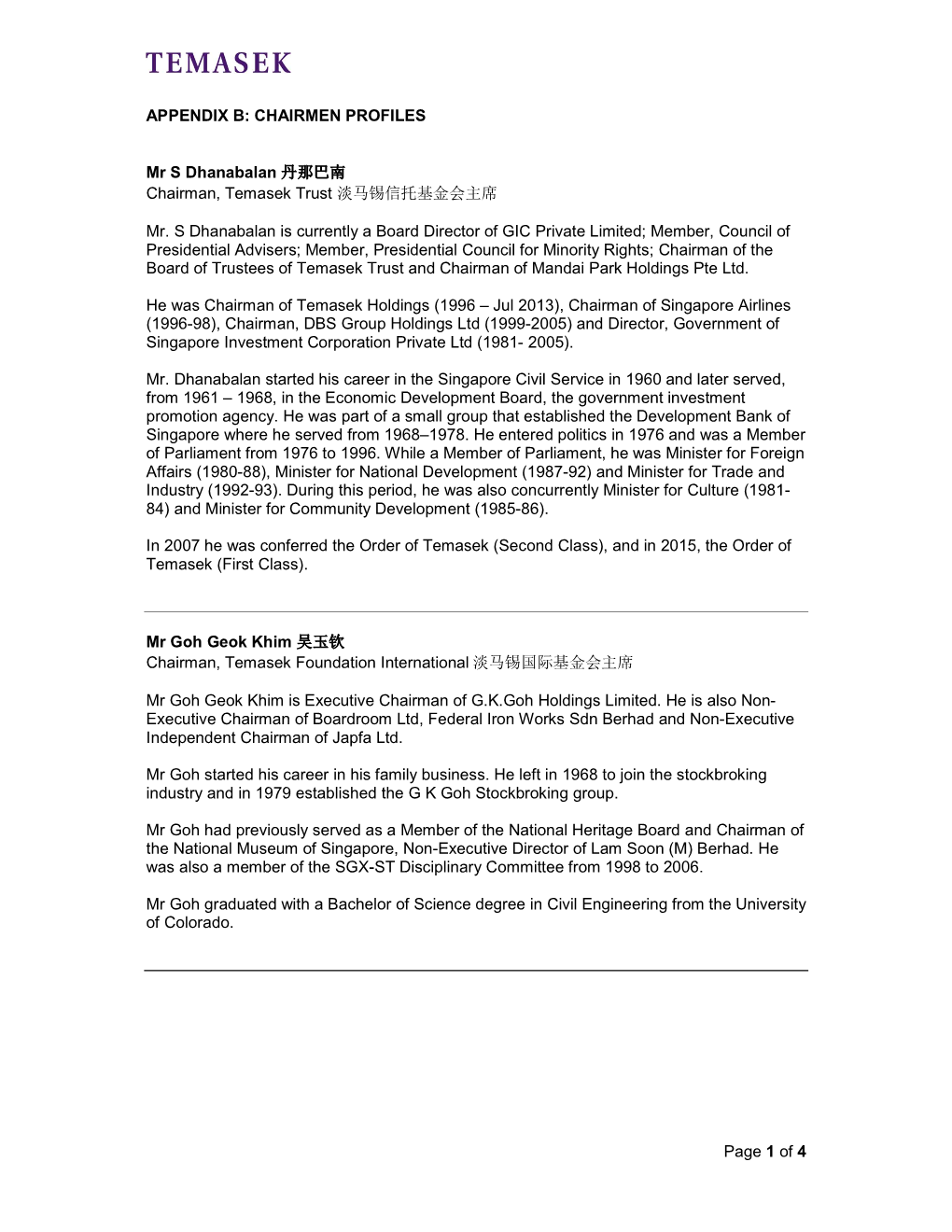 Page 1 of 4 APPENDIX B: CHAIRMEN PROFILES Mr S Dhanabalan 丹那