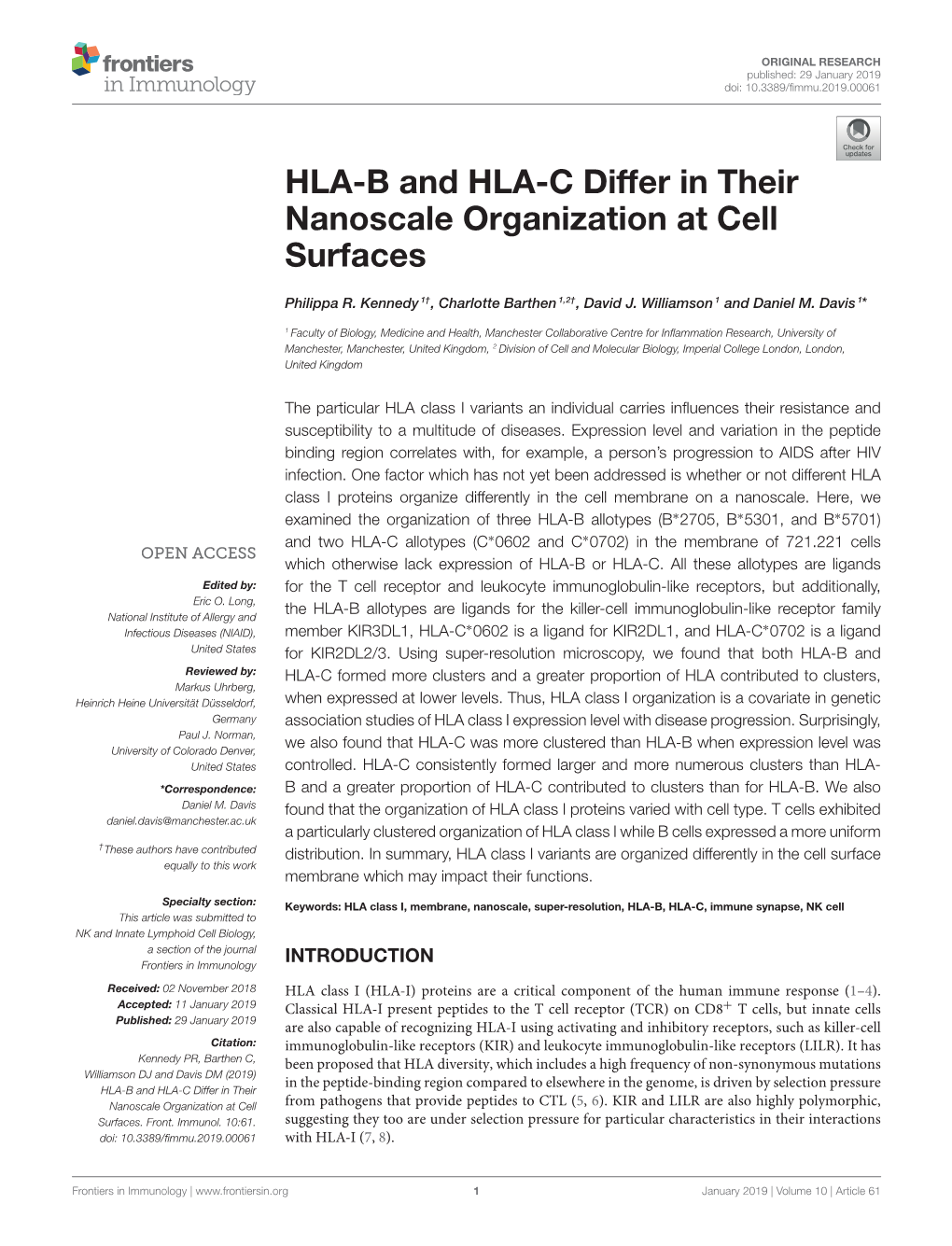 HLA-B and HLA-C Differ in Their Nanoscale Organization at Cell Surfaces