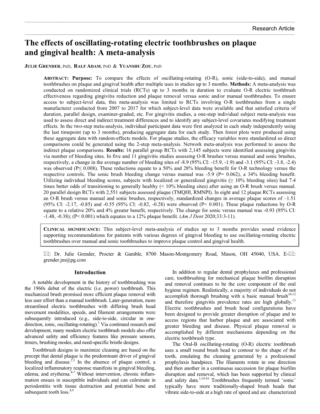 The Effects of Oscillating-Rotating Electric Toothbrushes on Plaque and Gingival Health: a Meta-Analysis