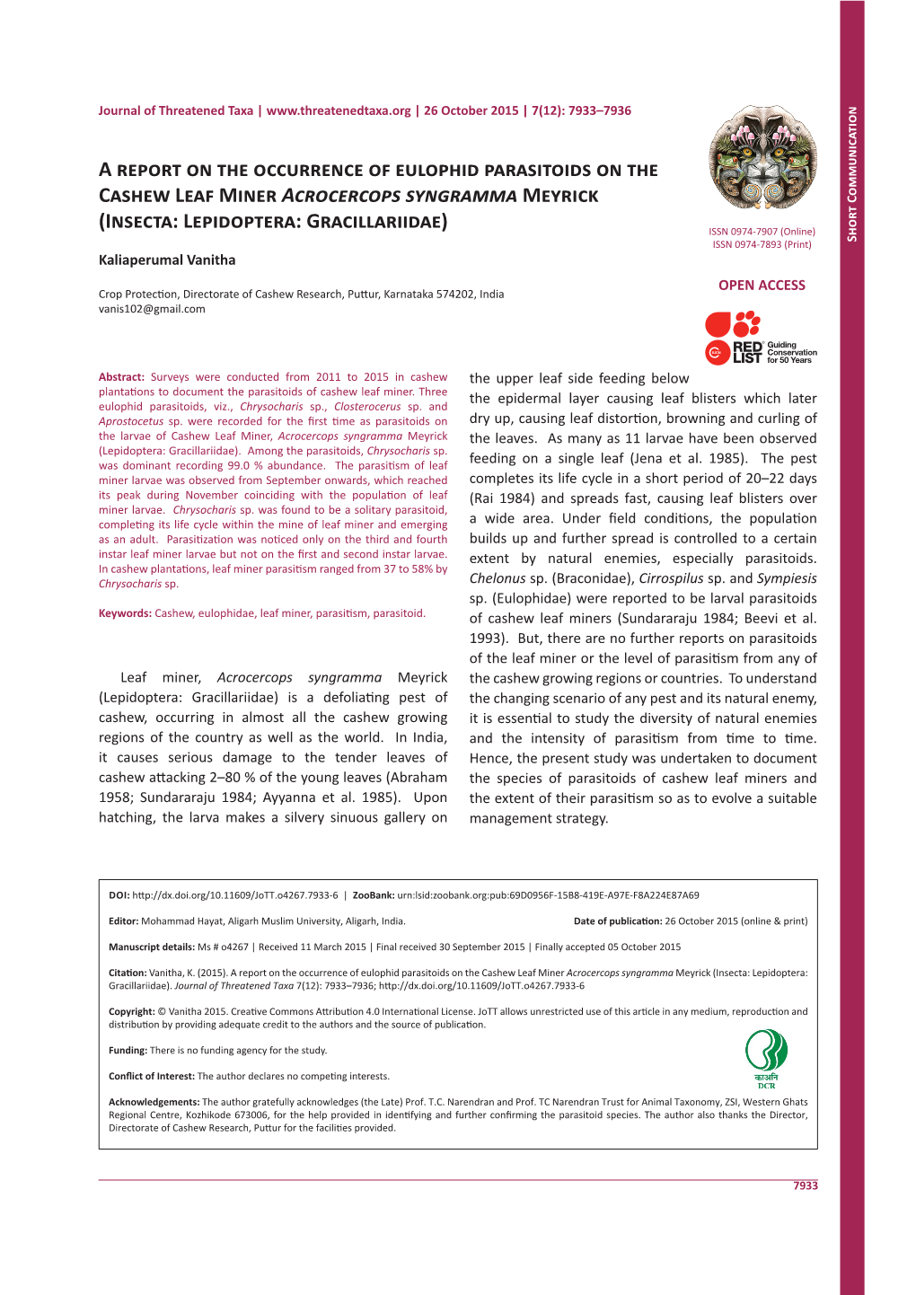 A Report on the Occurrence of Eulophid Parasitoids on the Cashew Leaf Miner Acrocercops Syngramma Meyrick