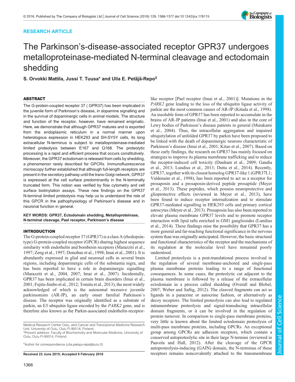 The Parkinson's-Disease-Associated Receptor GPR37 Undergoes