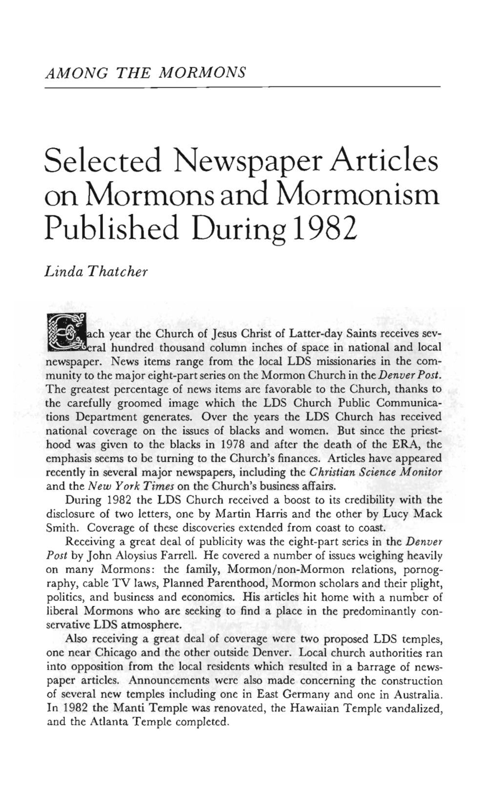 Selected Newspaper Articles on Mormons and Mormonism Published During 1982