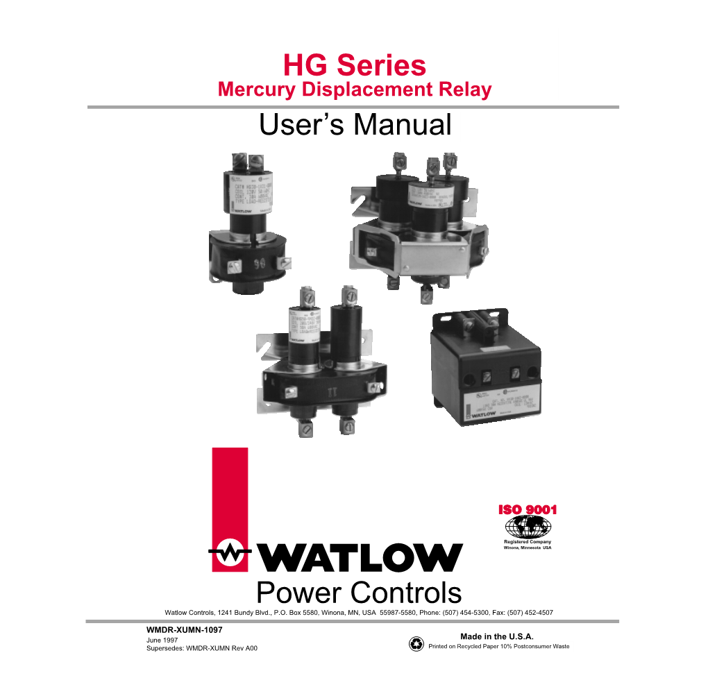 HG Series Mercury Displacement Relay User's Manual