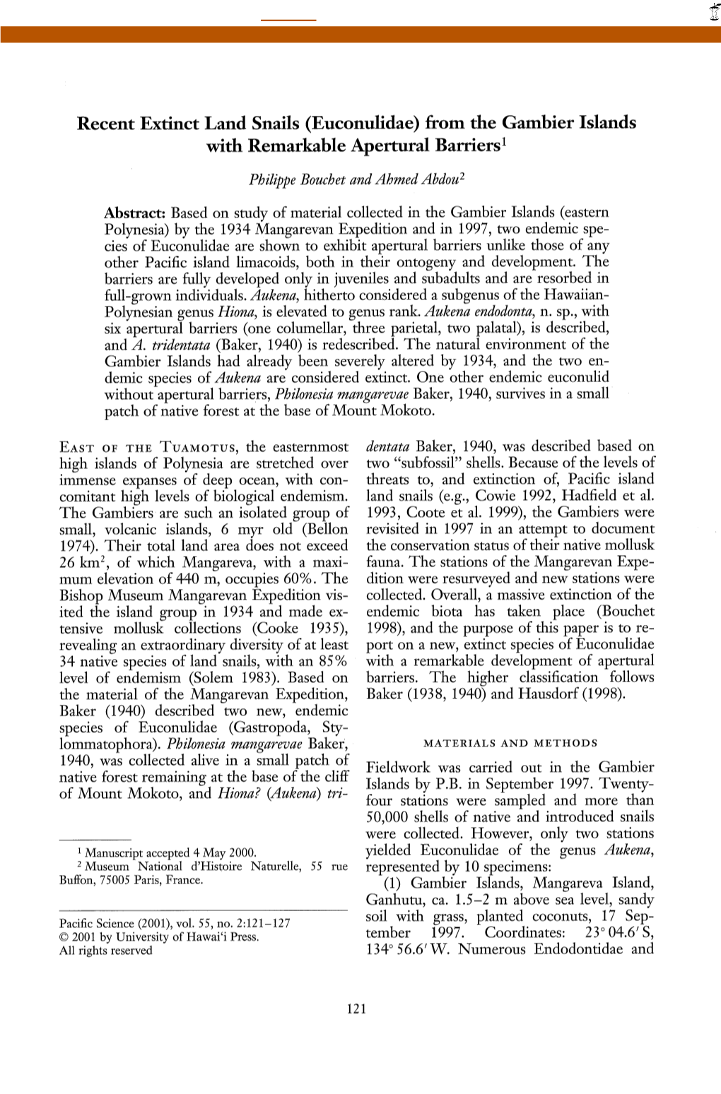 Recent Extinct Land Snails (Euconulidae) from the Gambier Islands with Remarkable Apertural Barriers 1