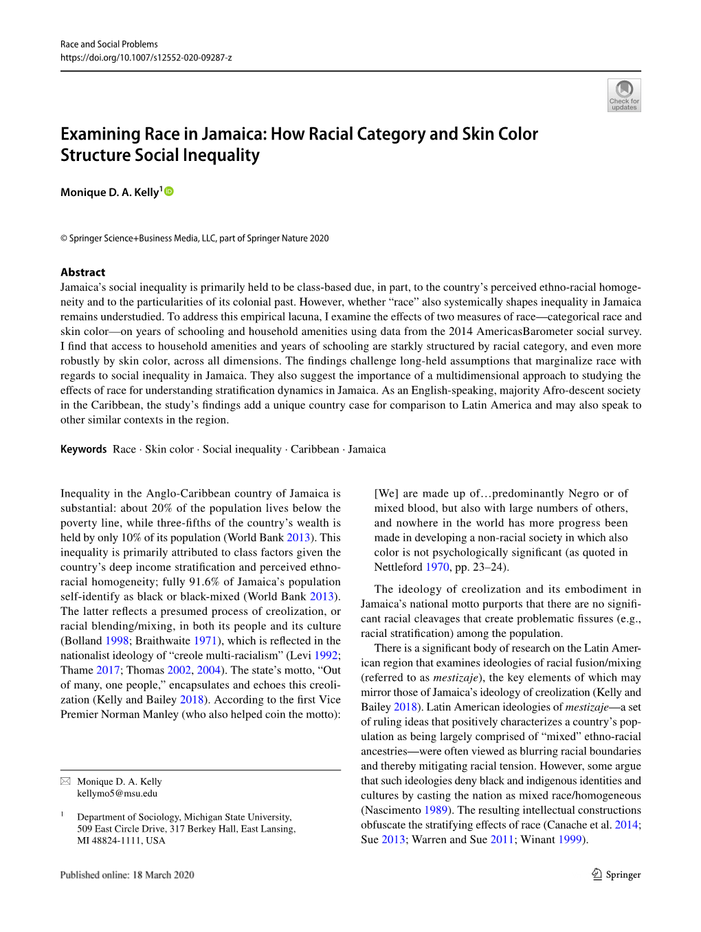 Examining Race in Jamaica: How Racial Category and Skin Color Structure Social Inequality