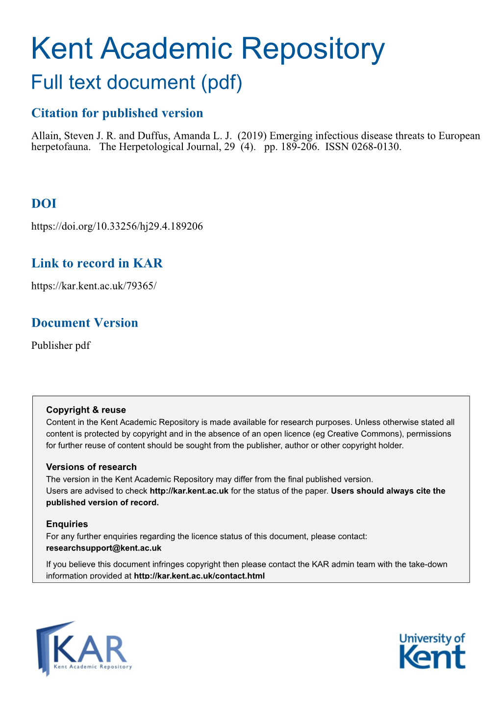 Emerging Infectious Disease Threats to European Herpetofauna