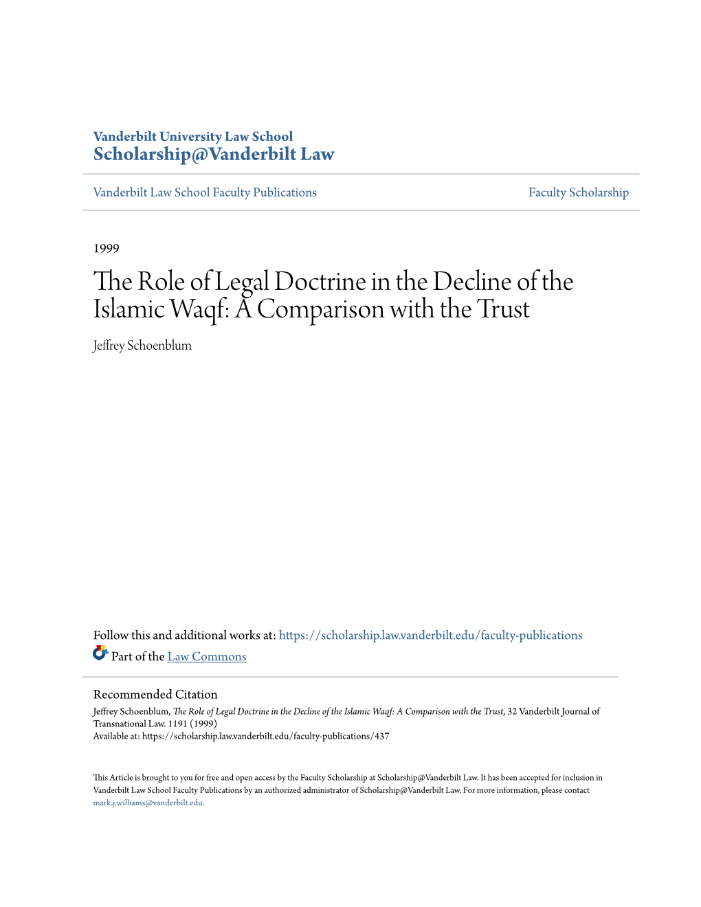 The Role of Legal Doctrine in the Decline of the Islamic Waqf: a Comparison with the Trust Jeffrey Schoenblum