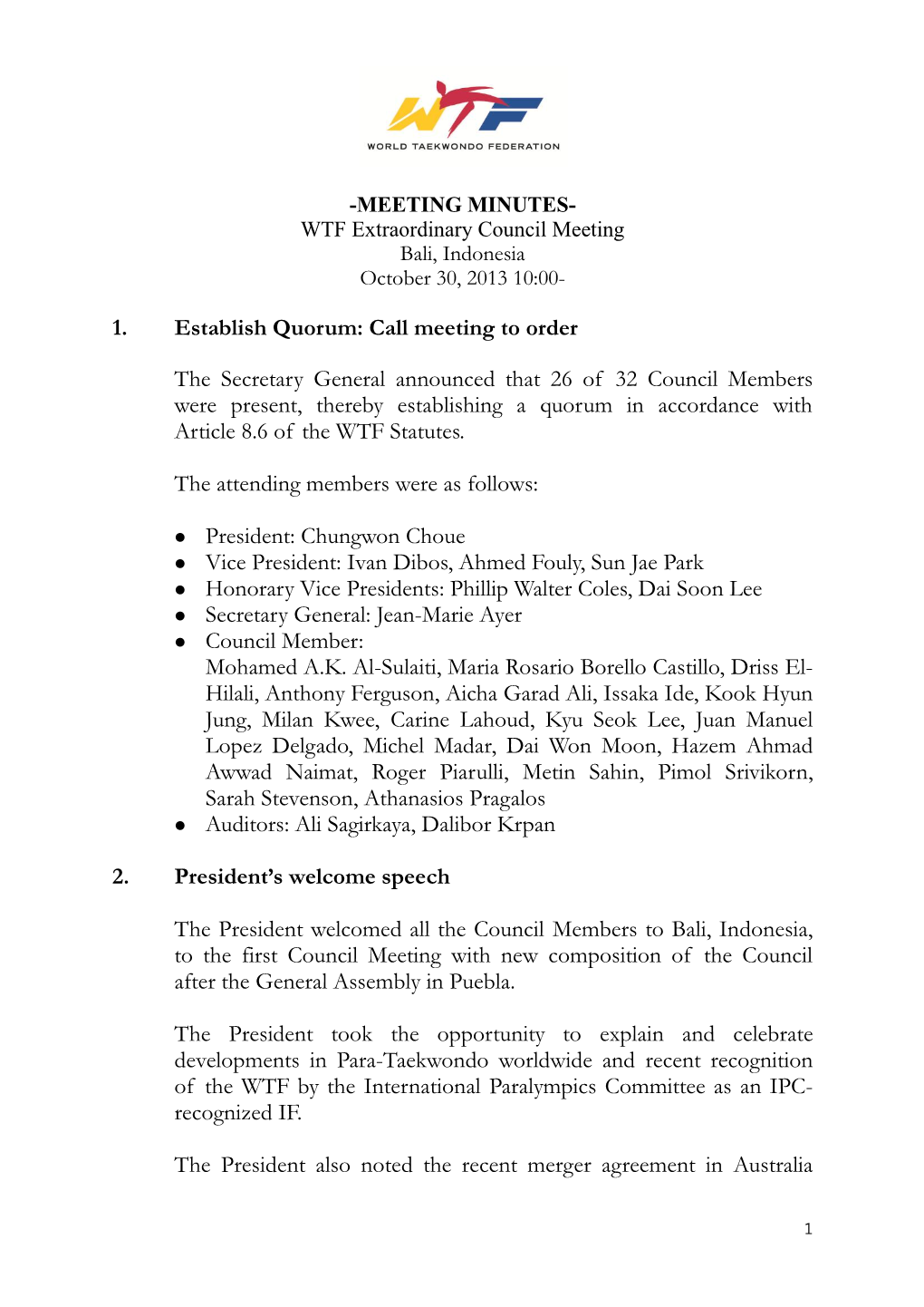 Minutes of 2013 Council Meeting on October 30