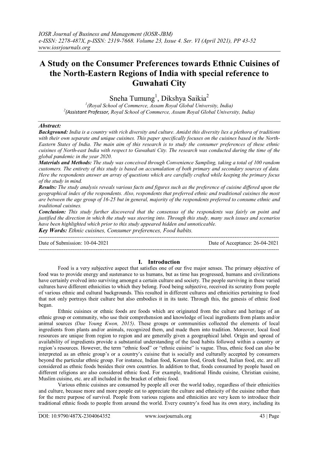 A Study on the Consumer Preferences Towards Ethnic Cuisines of the North-Eastern Regions of India with Special Reference to Guwahati City