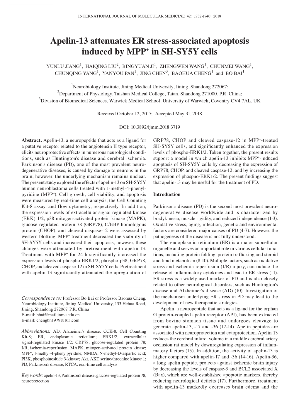 Apelin‑13 Attenuates ER Stress‑Associated Apoptosis Induced by MPP+ in SH‑SY5Y Cells