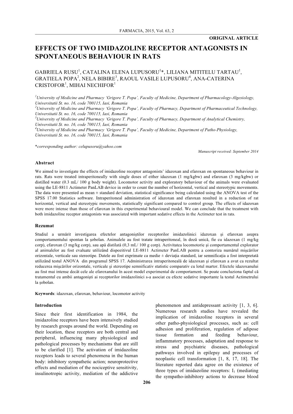 Effects of Two Imidazoline Receptor Antagonists in Spontaneous Behaviour in Rats