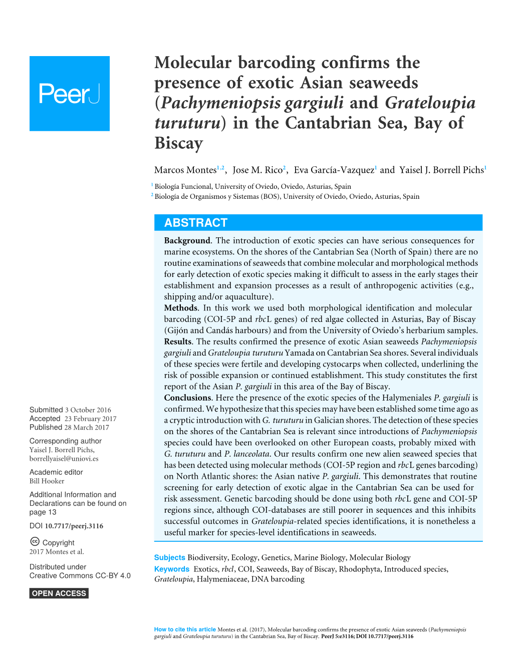 Molecular Barcoding Confirms the Presence of Exotic Asian Seaweeds (Pachymeniopsis Gargiuli and Grateloupia Turuturu) in the Cantabrian Sea, Bay of Biscay