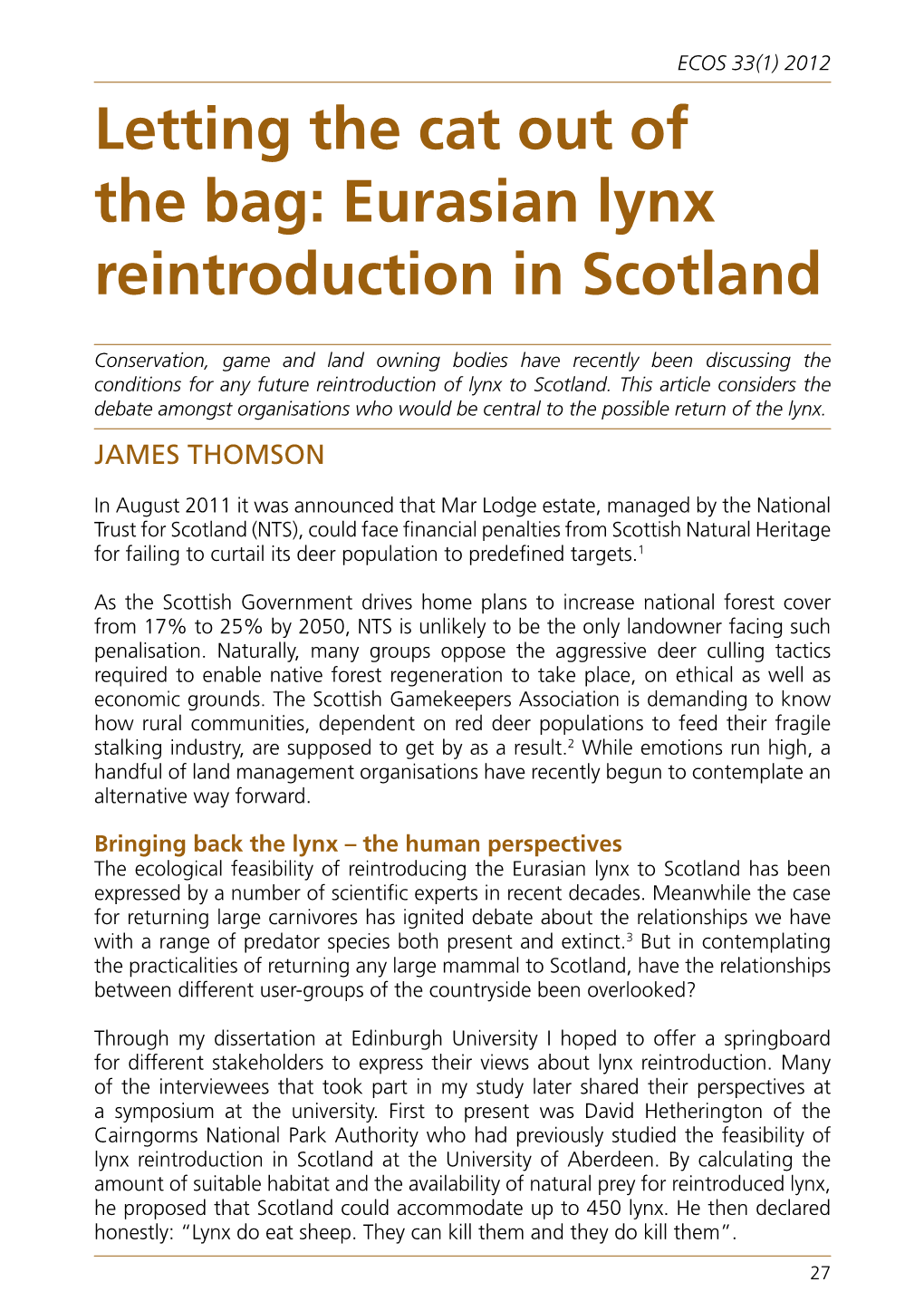 Eurasian Lynx Reintroduction in Scotland