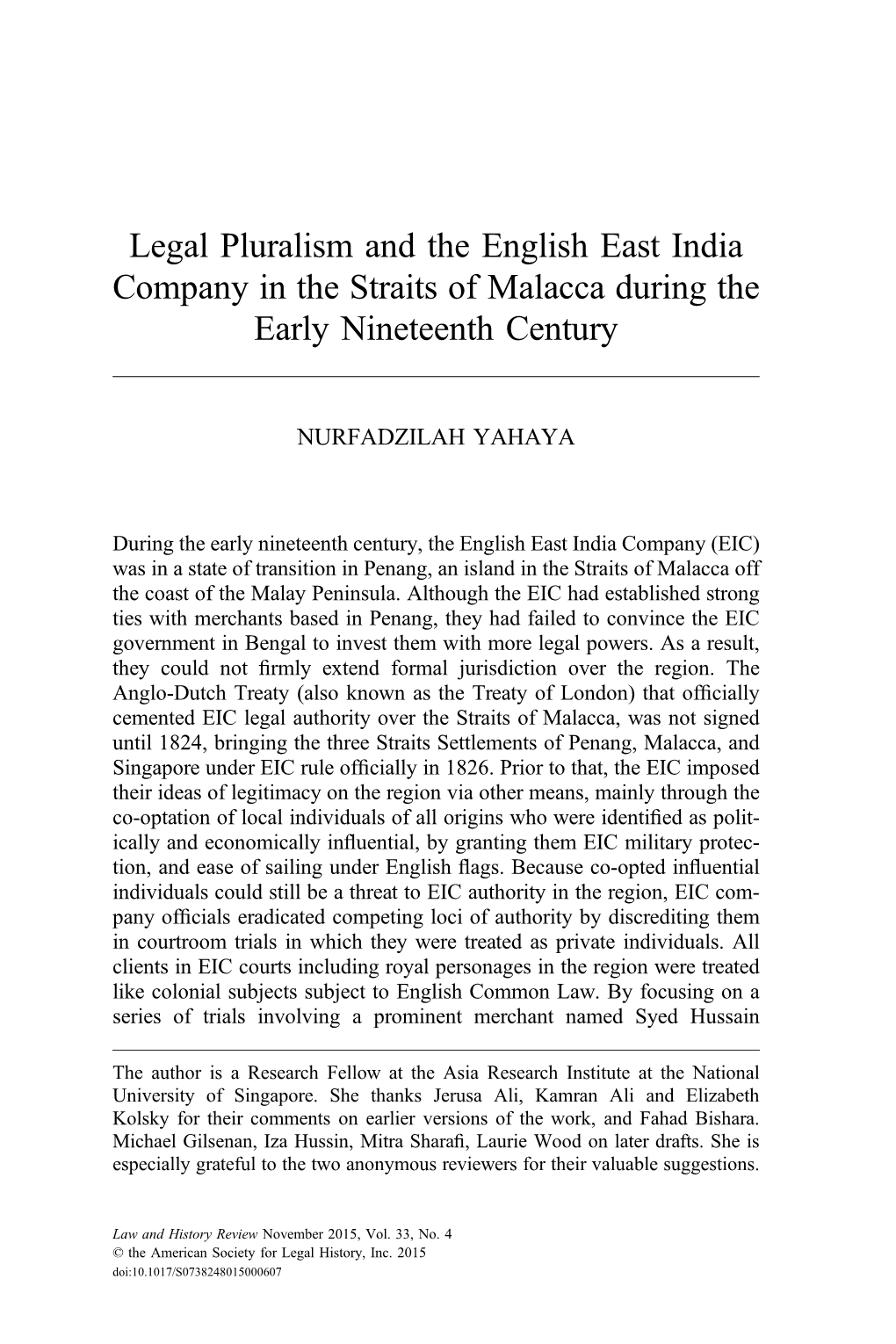 Legal Pluralism and the East India Company in the Straits of Malacca