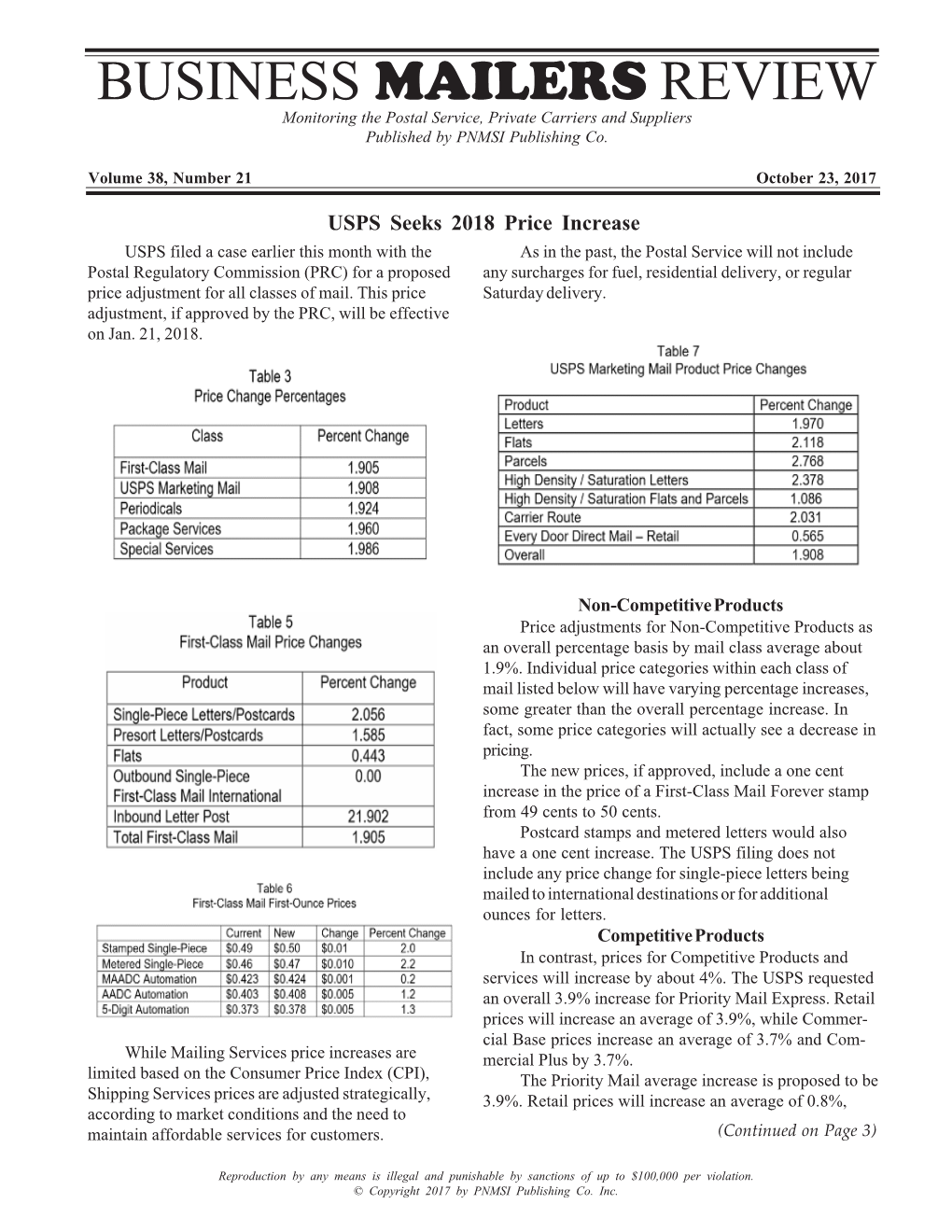 BUSINESS MAILERS REVIEW Monitoring the Postal Service, Private Carriers and Suppliers Published by PNMSI Publishing Co