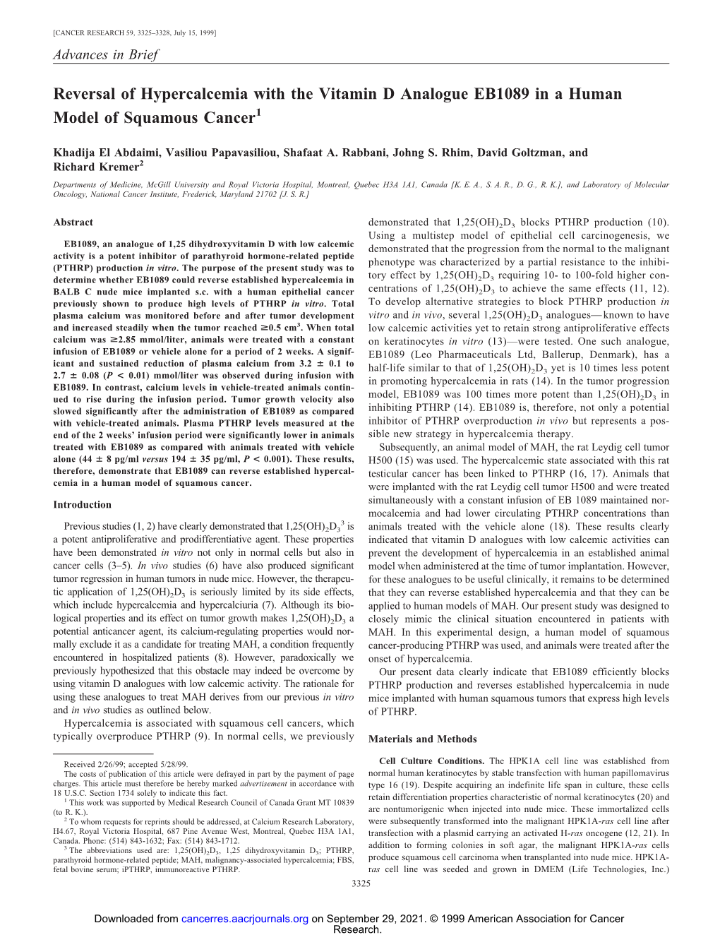 Reversal of Hypercalcemia with the Vitamin D Analogue EB1089 in a Human Model of Squamous Cancer1