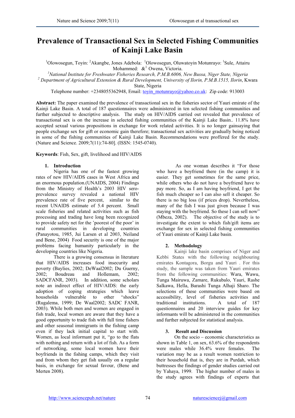 Prevalence of Transactional Sex in Selected Fishing Communities of Kainji Lake Basin