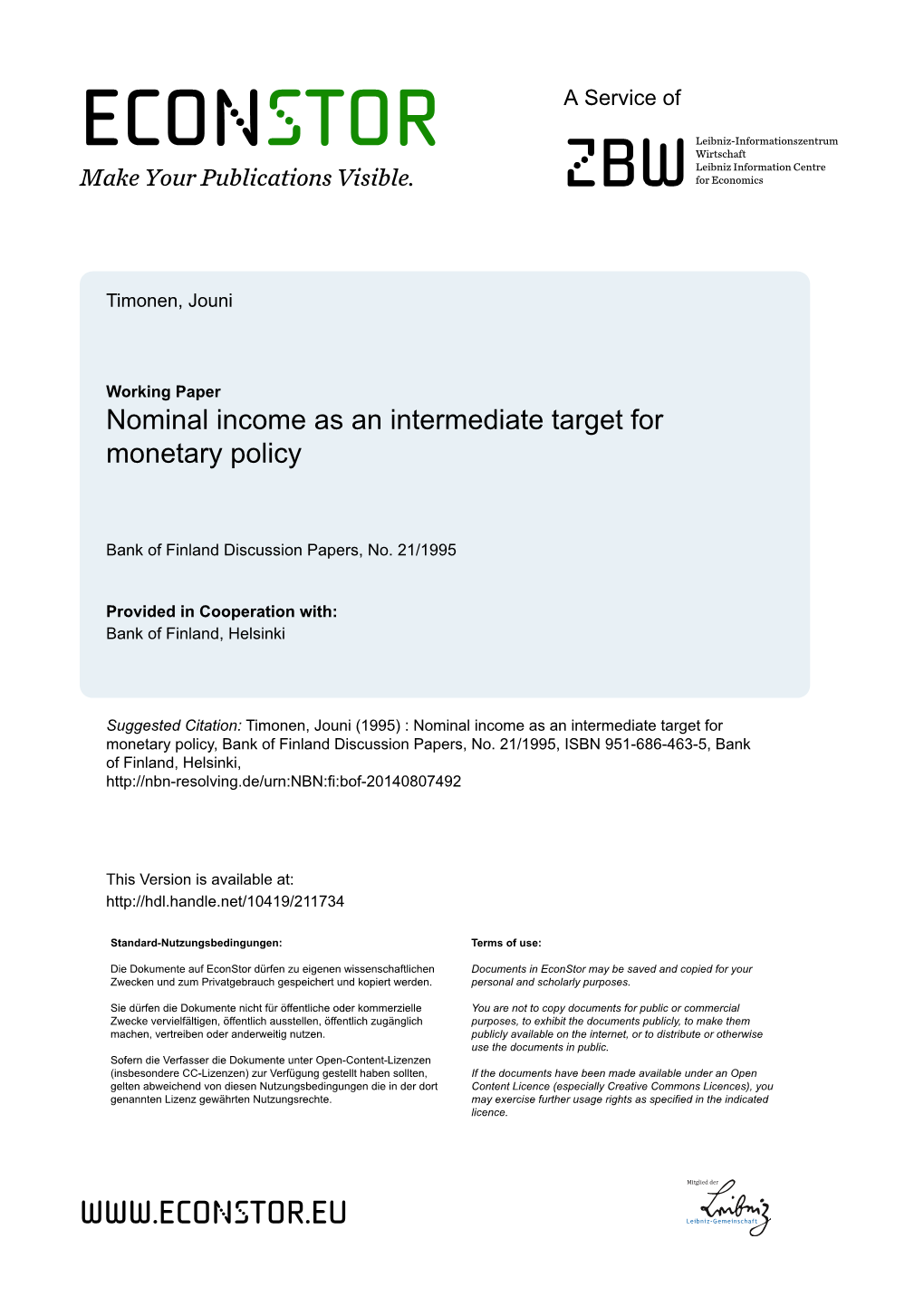 Income As an Intermediate Target for Monetary Policy