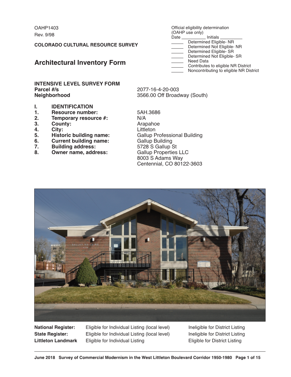 Architectural Inventory Form Contributes to Eligible NR District Noncontributing to Eligible NR District