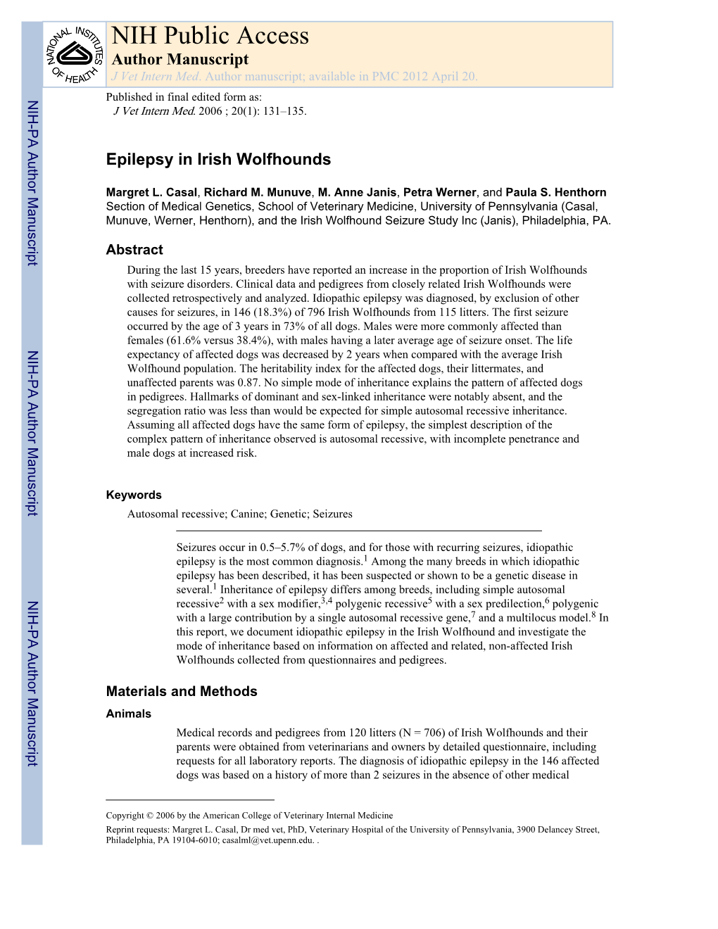 NIH Public Access Author Manuscript J Vet Intern Med