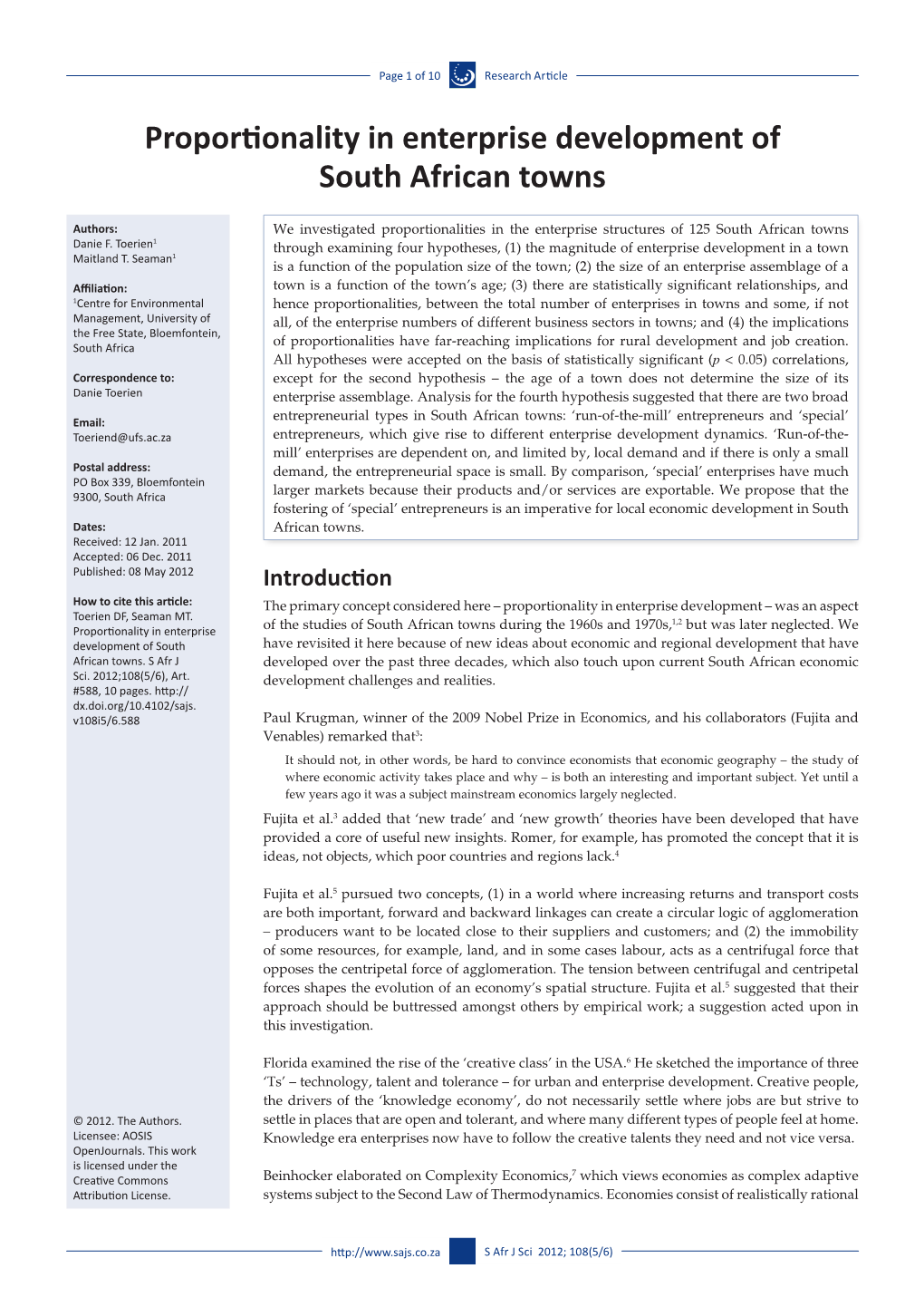 Proportionality in Enterprise Development of South African Towns