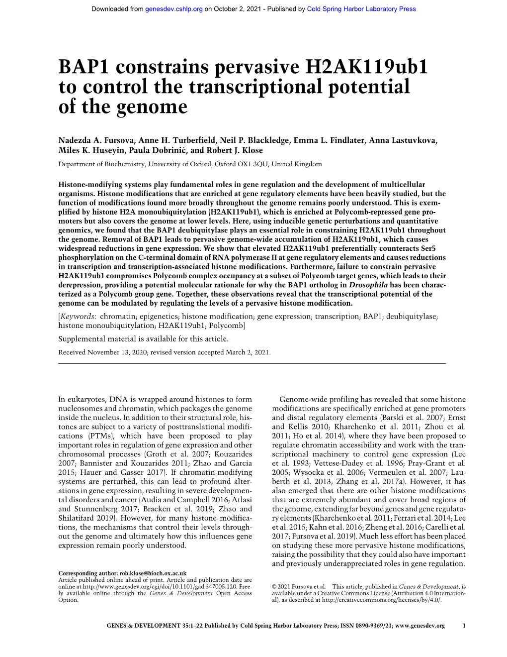 BAP1 Constrains Pervasive H2ak119ub1 to Control the Transcriptional Potential of the Genome